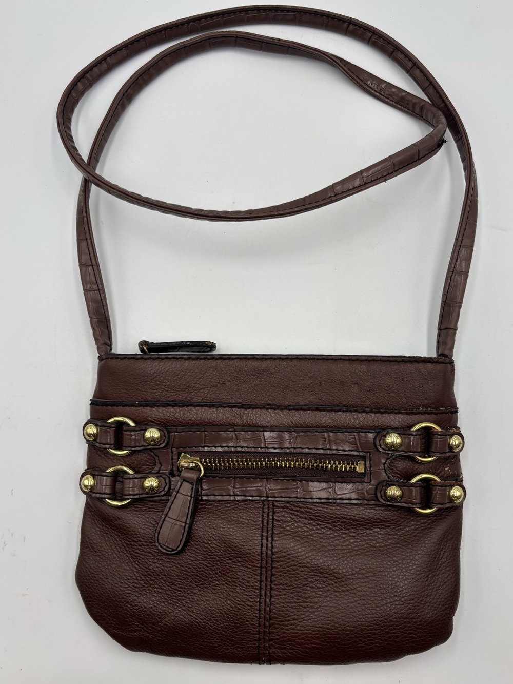 Etienne Aigner Crossbody Bag Brown Leather Zip Pocket Pebbled Croc Trim Vintage